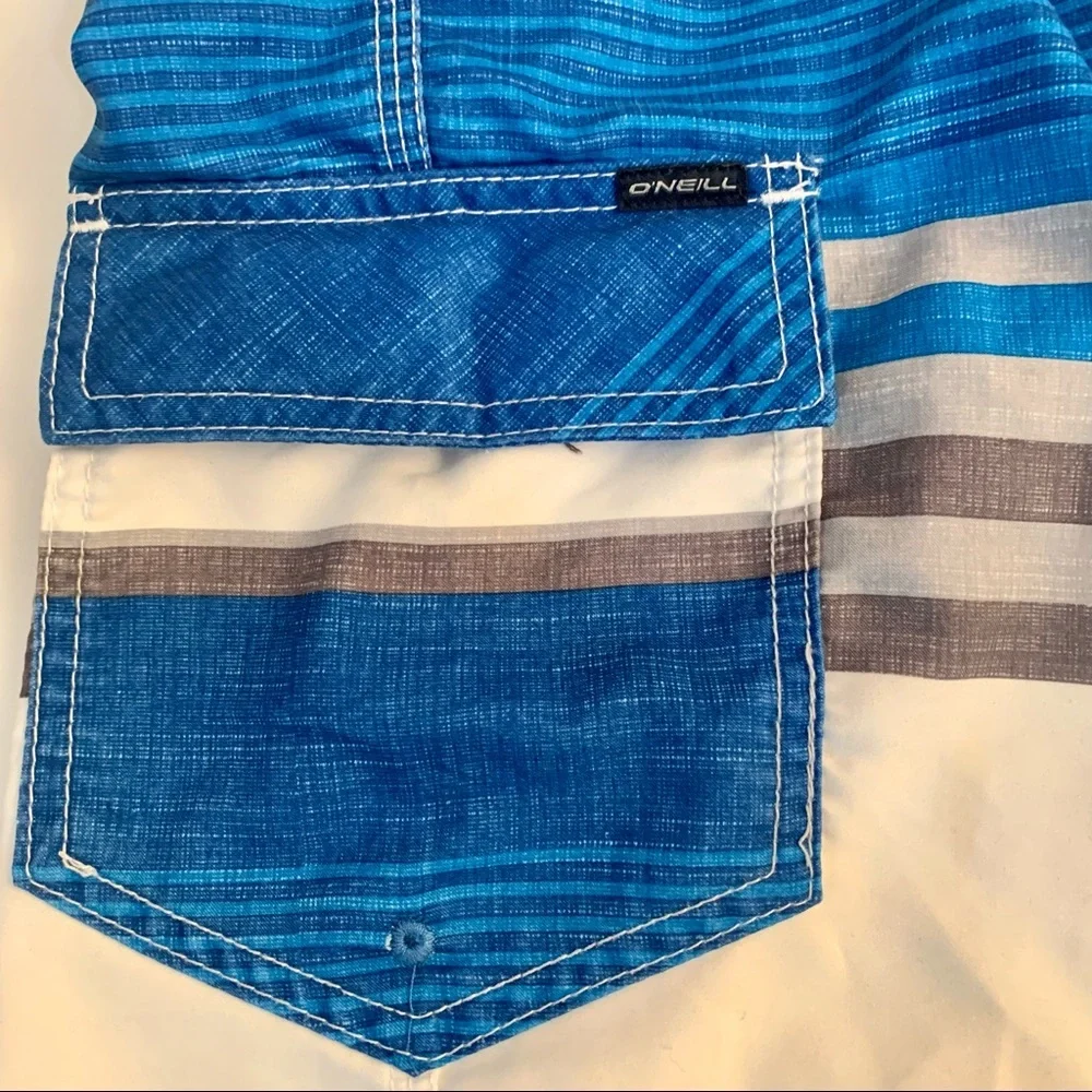 O’NEILL Blue, Gray and White Stripe Swim Trunks